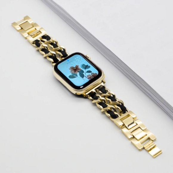 NEW Strap Gold Black Chain Leather Stainless Band For Apple Watch - Picture 5 of 5